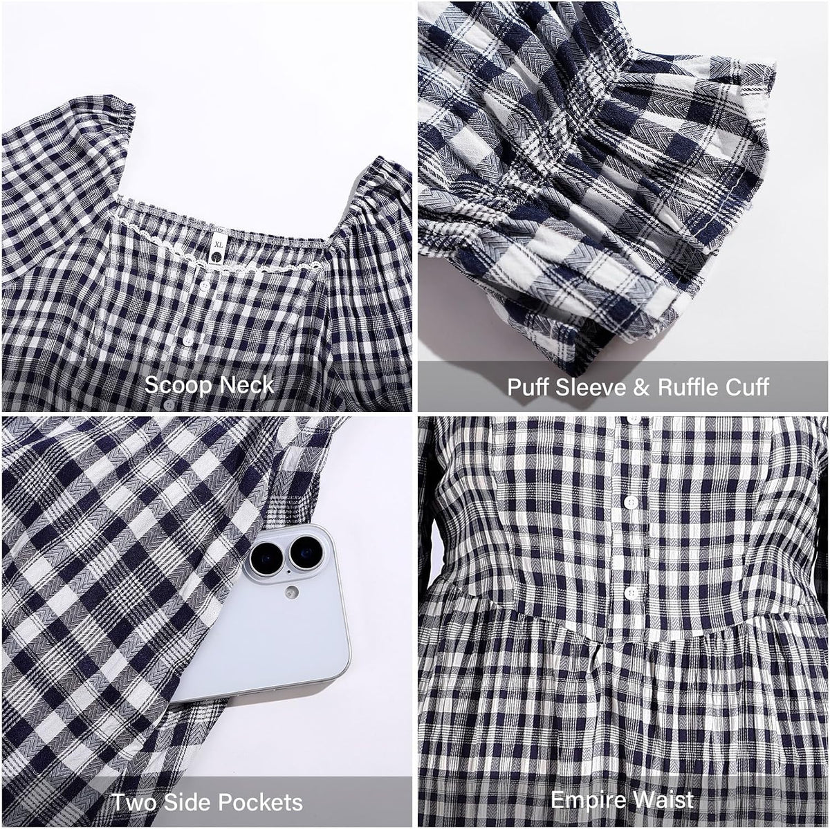 Moon Wood Womens Plus Size Maxi Dress Long Sleeve Fall Casual Dresses Plaid Dress - Navy & White