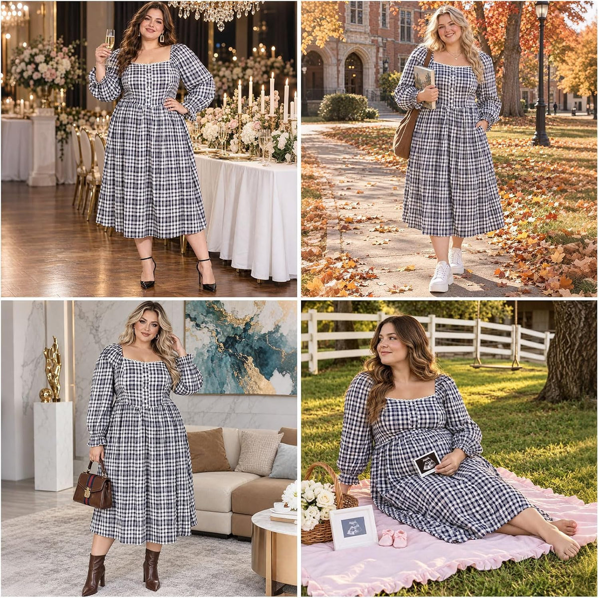 Moon Wood Womens Plus Size Maxi Dress Long Sleeve Fall Casual Dresses Plaid Dress - Navy & White