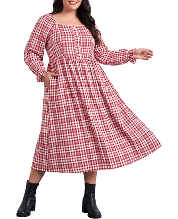 Moon Wood Womens Plus Size Maxi Dress Long Sleeve Fall Casual Dresses Plaid Dress - Red & White