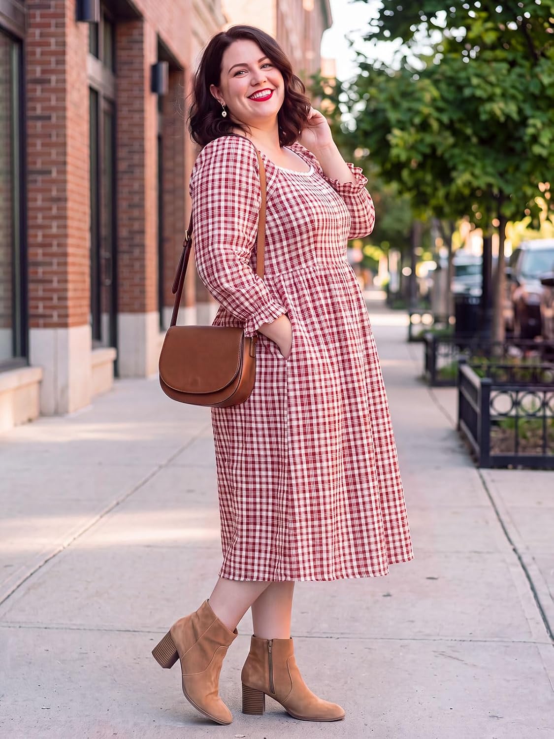 Moon Wood Womens Plus Size Maxi Dress Long Sleeve Fall Casual Dresses Plaid Dress - Red & White