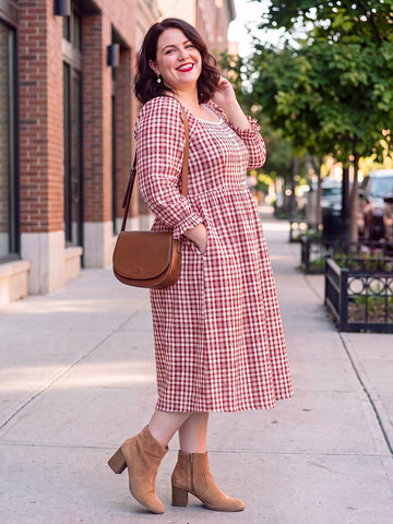 Moon Wood Womens Plus Size Maxi Dress Long Sleeve Fall Casual Dresses Plaid Dress - Red & White