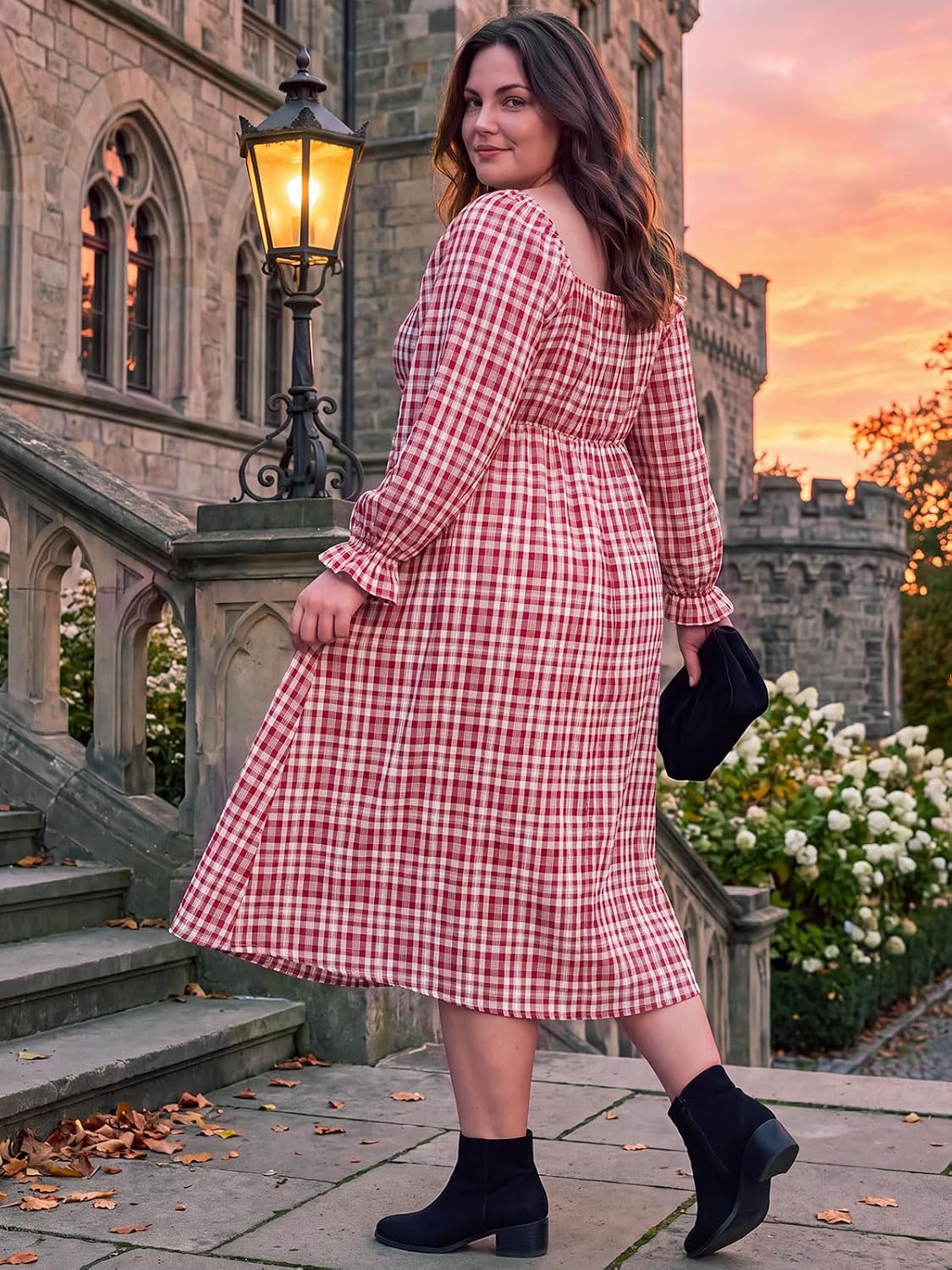 Moon Wood Womens Plus Size Maxi Dress Long Sleeve Fall Casual Dresses Plaid Dress - Red & White