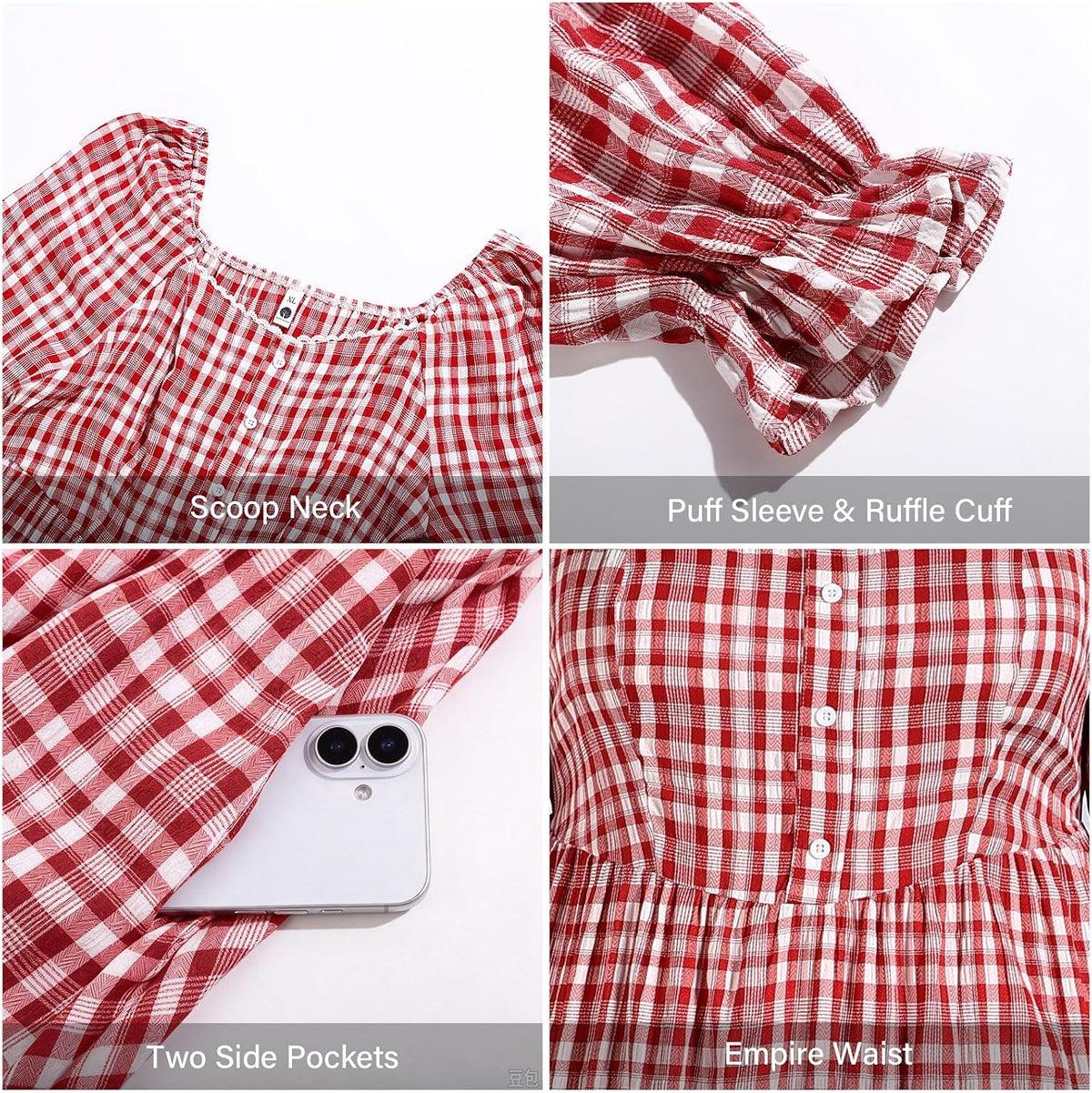 Moon Wood Womens Plus Size Maxi Dress Long Sleeve Fall Casual Dresses Plaid Dress - Red & White