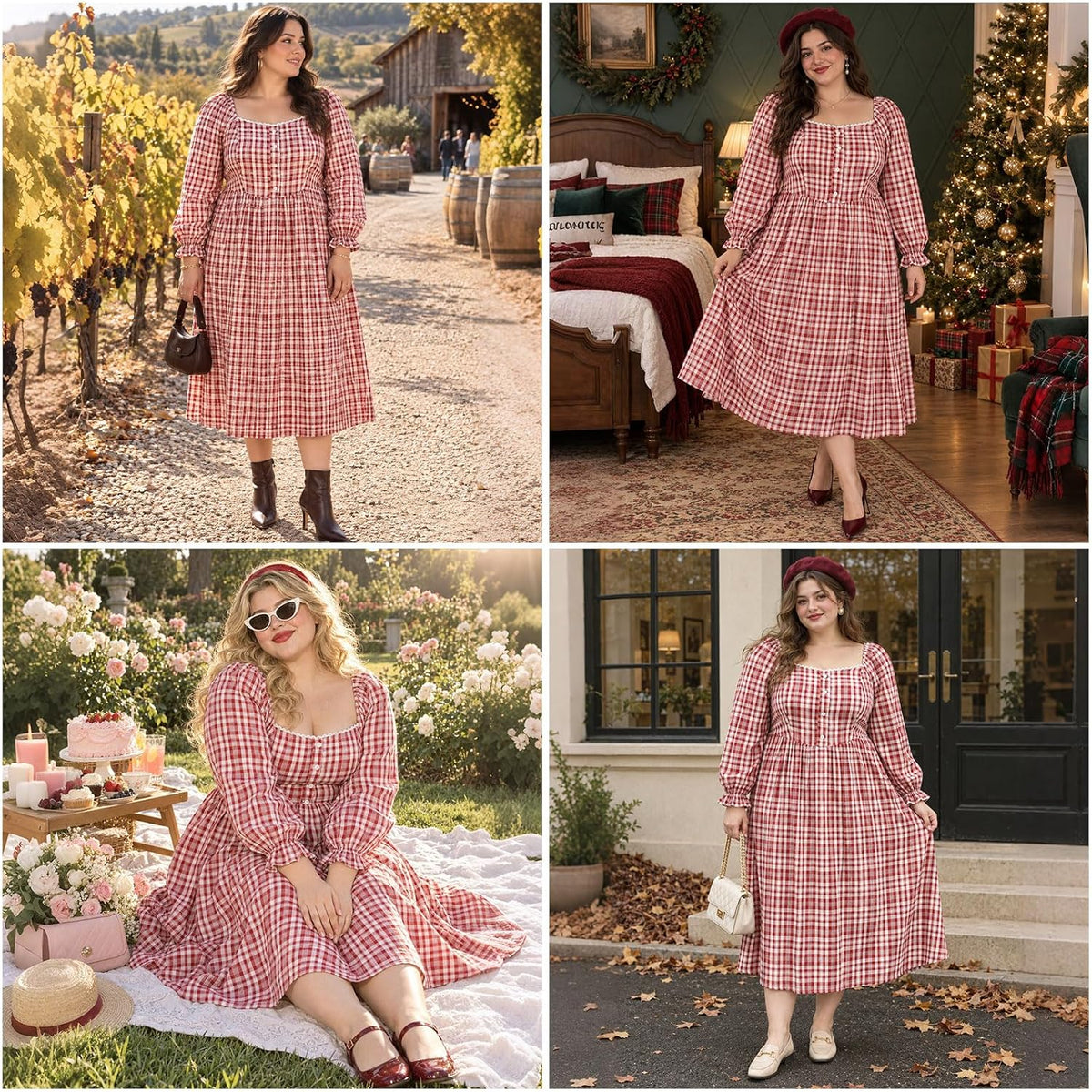 Moon Wood Womens Plus Size Maxi Dress Long Sleeve Fall Casual Dresses Plaid Dress - Red & White