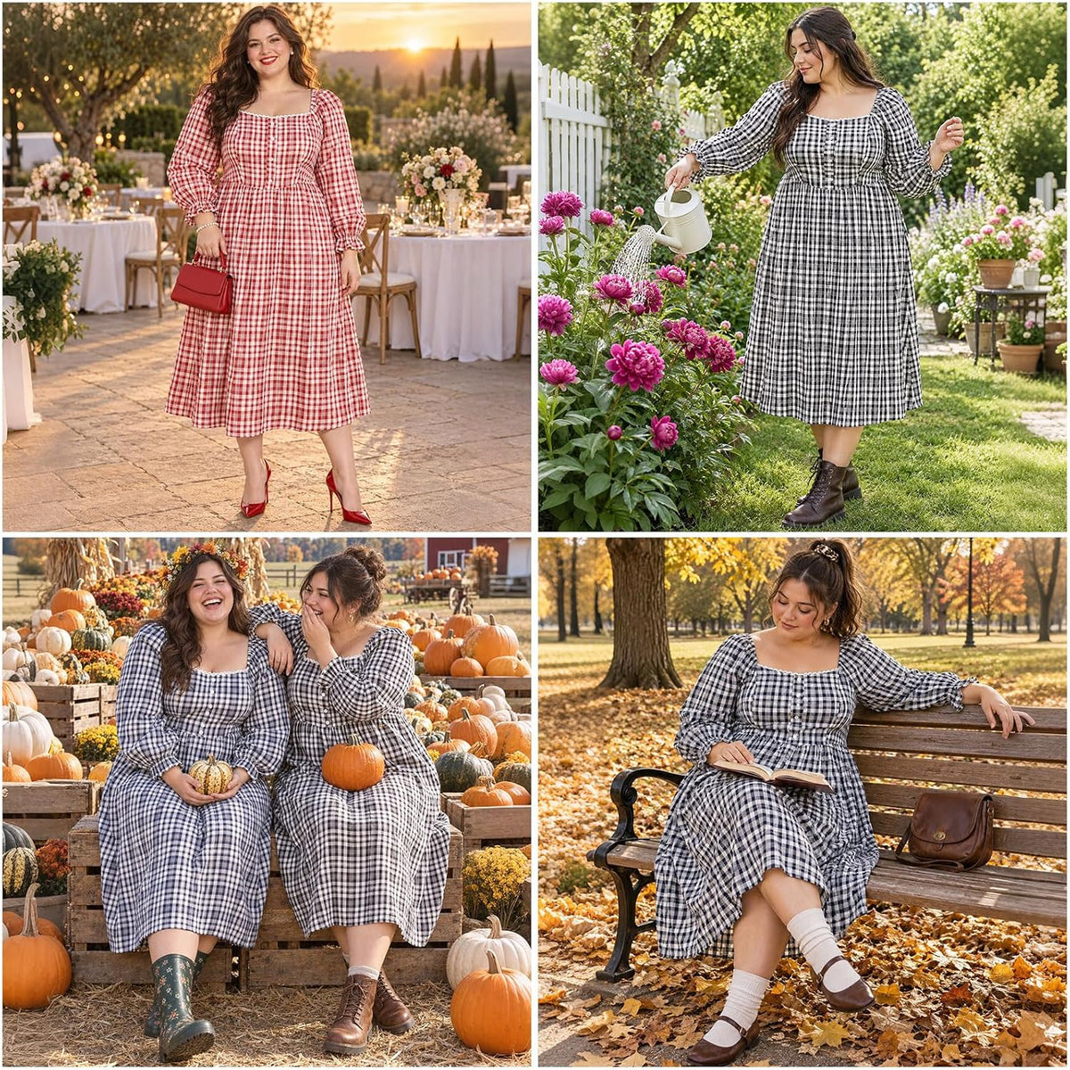 Moon Wood Womens Plus Size Maxi Dress Long Sleeve Fall Casual Dresses Plaid Dress - Red & White