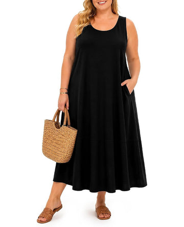 Moon Wood Womens Plus Size Maxi Dress Summer Casual Tank Dress with Pockets - Black