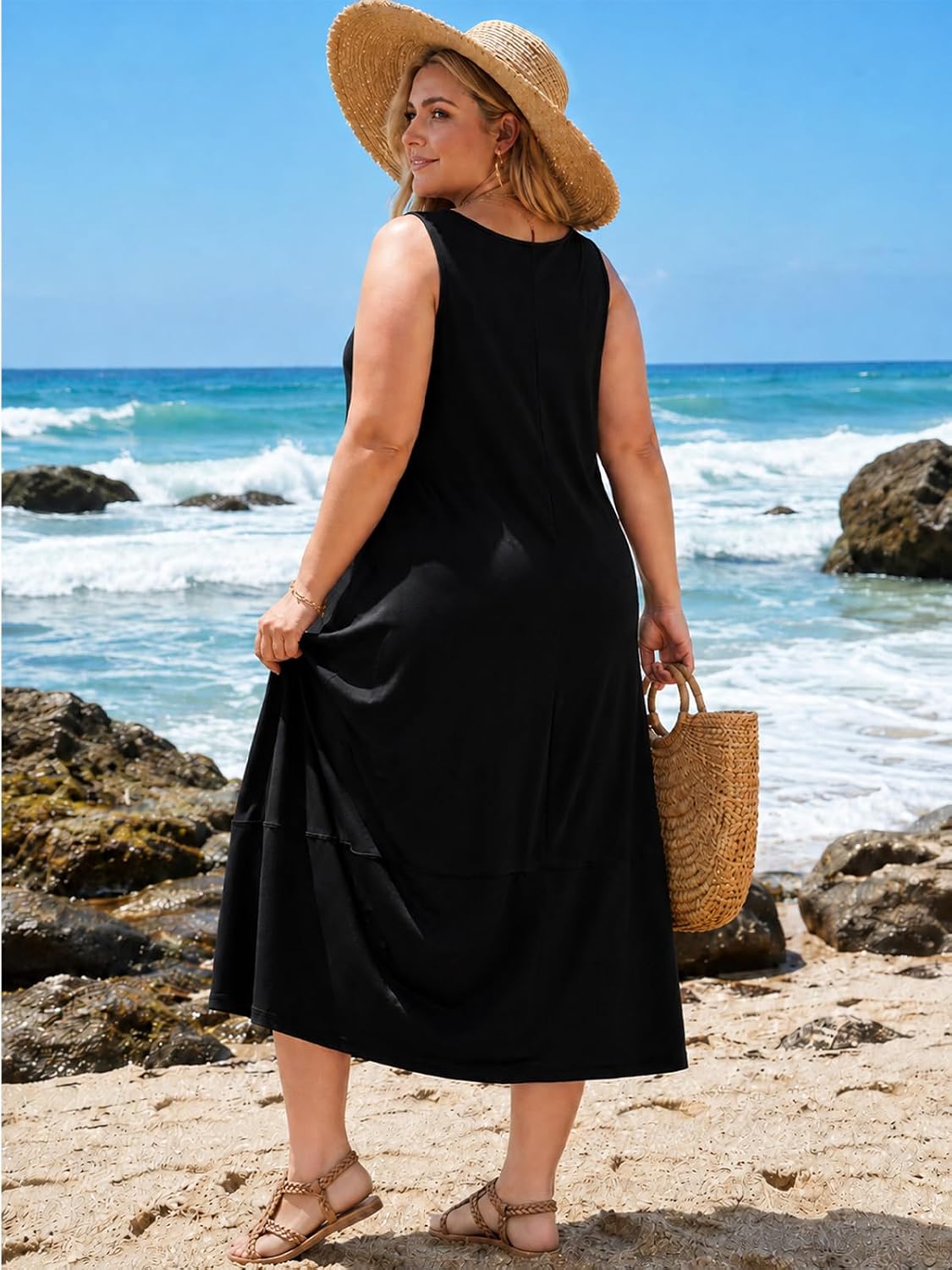 Moon Wood Womens Plus Size Maxi Dress Summer Casual Tank Dress with Pockets - Black