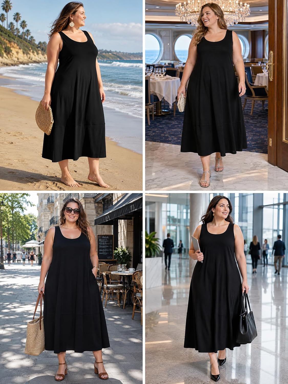 Moon Wood Womens Plus Size Maxi Dress Summer Casual Tank Dress with Pockets - Black