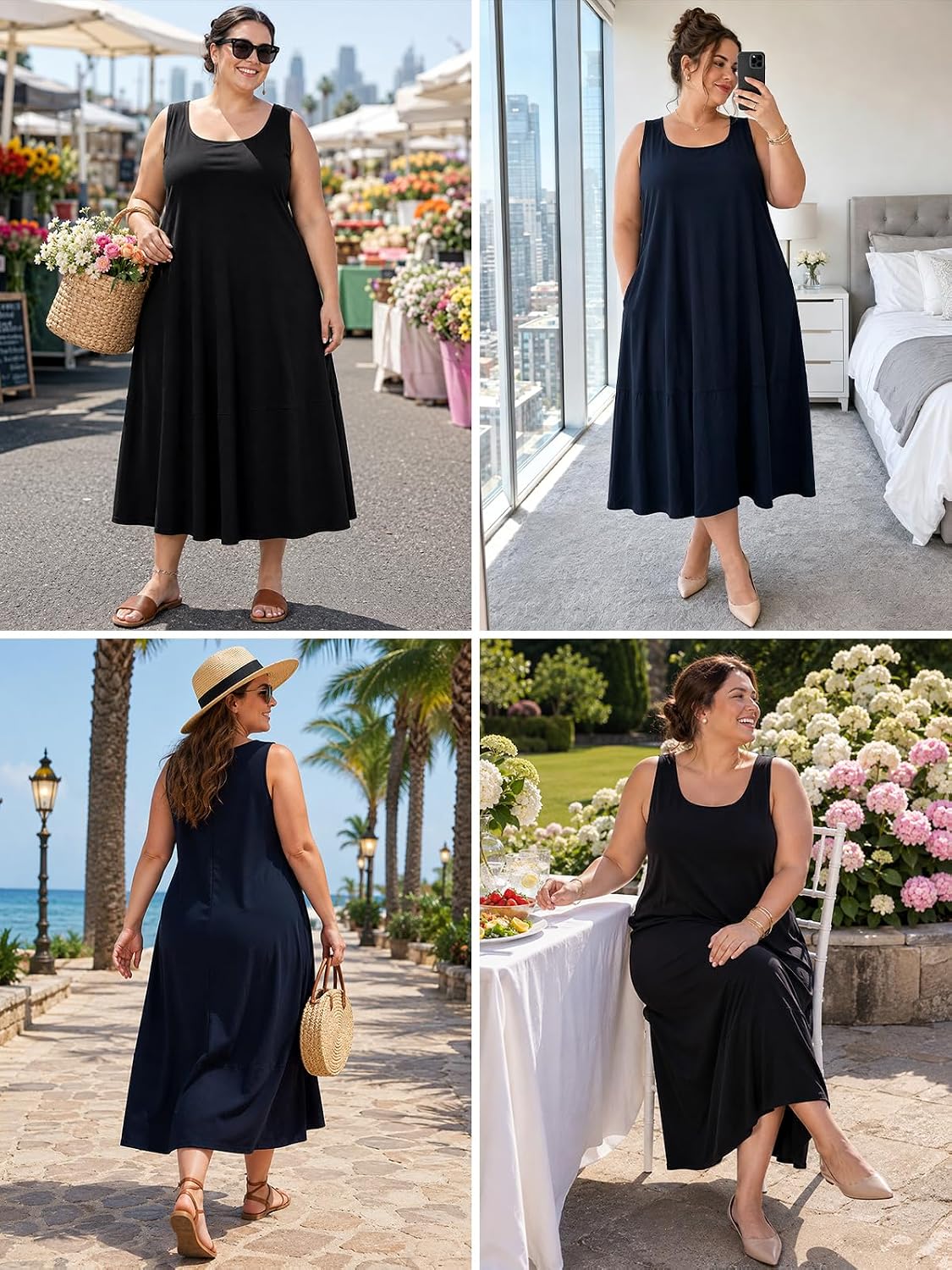 Moon Wood Womens Plus Size Maxi Dress Summer Casual Tank Dress with Pockets - Black