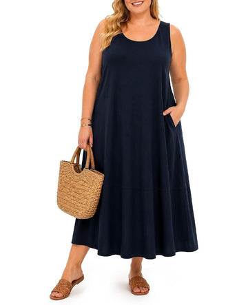 Moon Wood Womens Plus Size Maxi Dress Summer Casual Tank Dress with Pockets - Navy