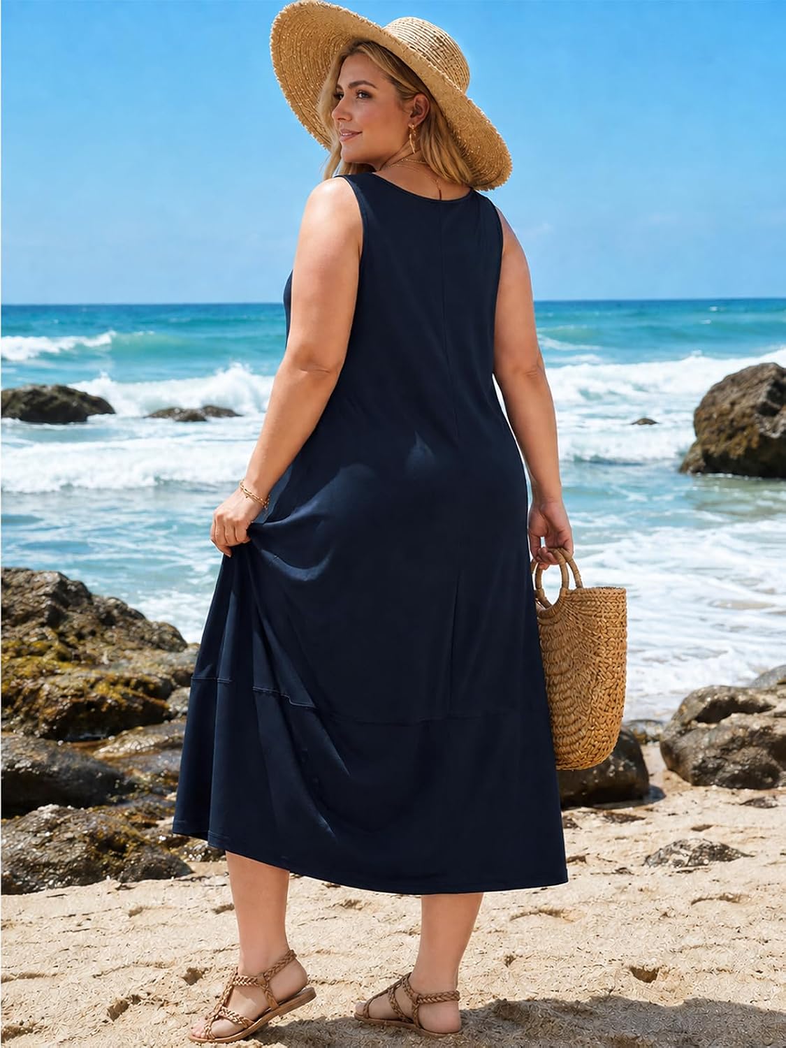 Moon Wood Womens Plus Size Maxi Dress Summer Casual Tank Dress with Pockets - Navy