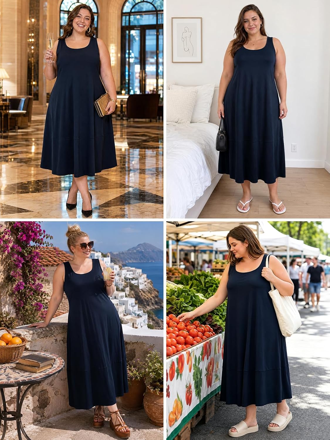 Moon Wood Womens Plus Size Maxi Dress Summer Casual Tank Dress with Pockets - Navy
