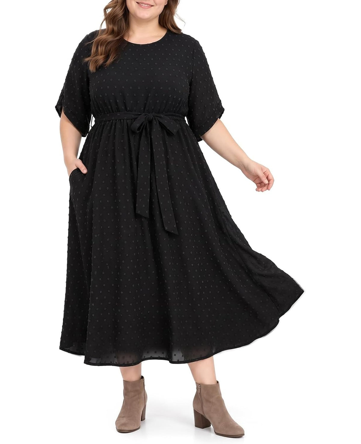 Moon Wood Womens Plus Size Maxi Dress Swiss Dot Fall Wedding Guest Dresses Pockets - Black