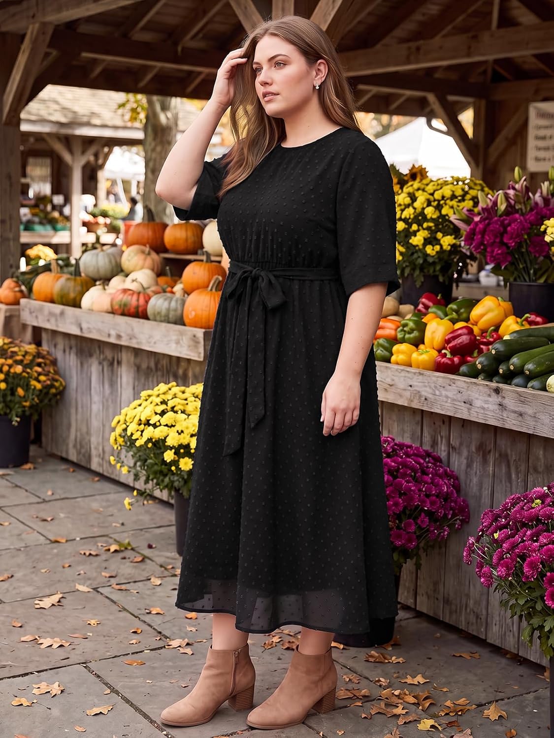 Moon Wood Womens Plus Size Maxi Dress Swiss Dot Fall Wedding Guest Dresses Pockets - Black