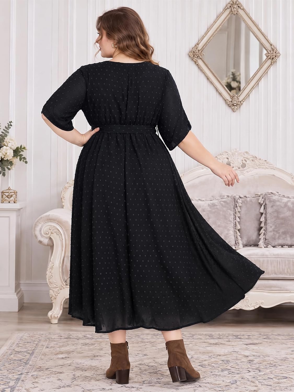 Moon Wood Womens Plus Size Maxi Dress Swiss Dot Fall Wedding Guest Dresses Pockets - Black