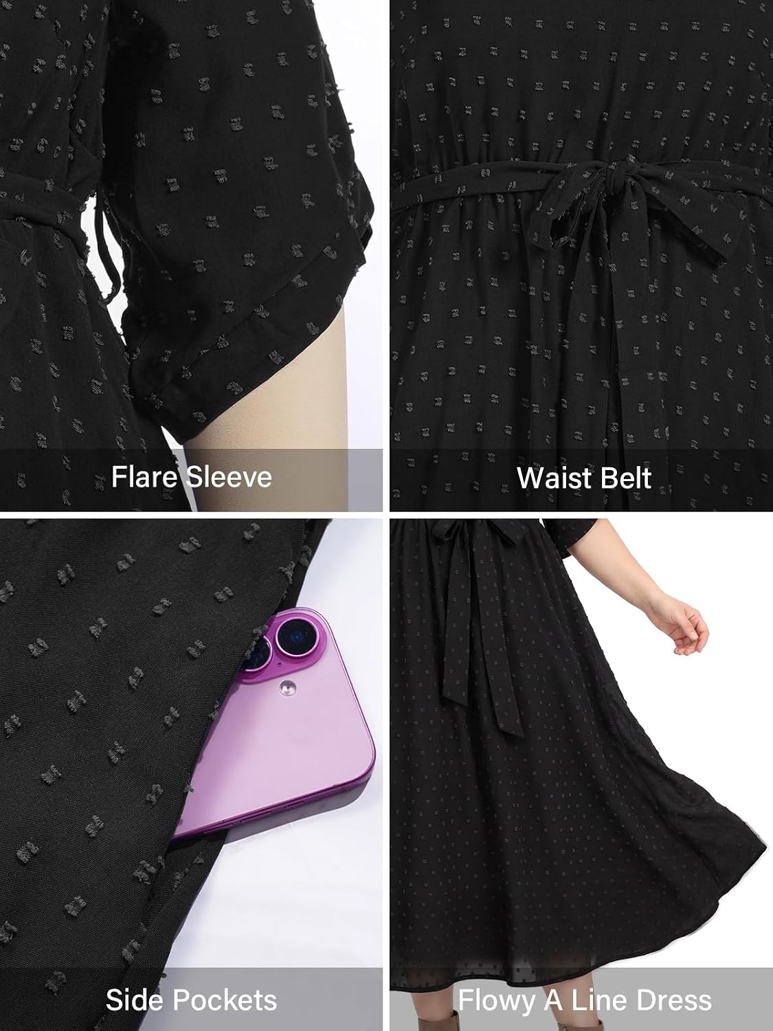 Moon Wood Womens Plus Size Maxi Dress Swiss Dot Fall Wedding Guest Dresses Pockets - Black