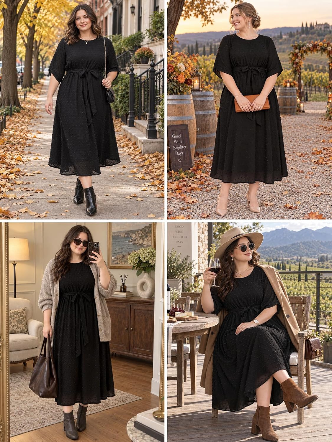 Moon Wood Womens Plus Size Maxi Dress Swiss Dot Fall Wedding Guest Dresses Pockets - Black