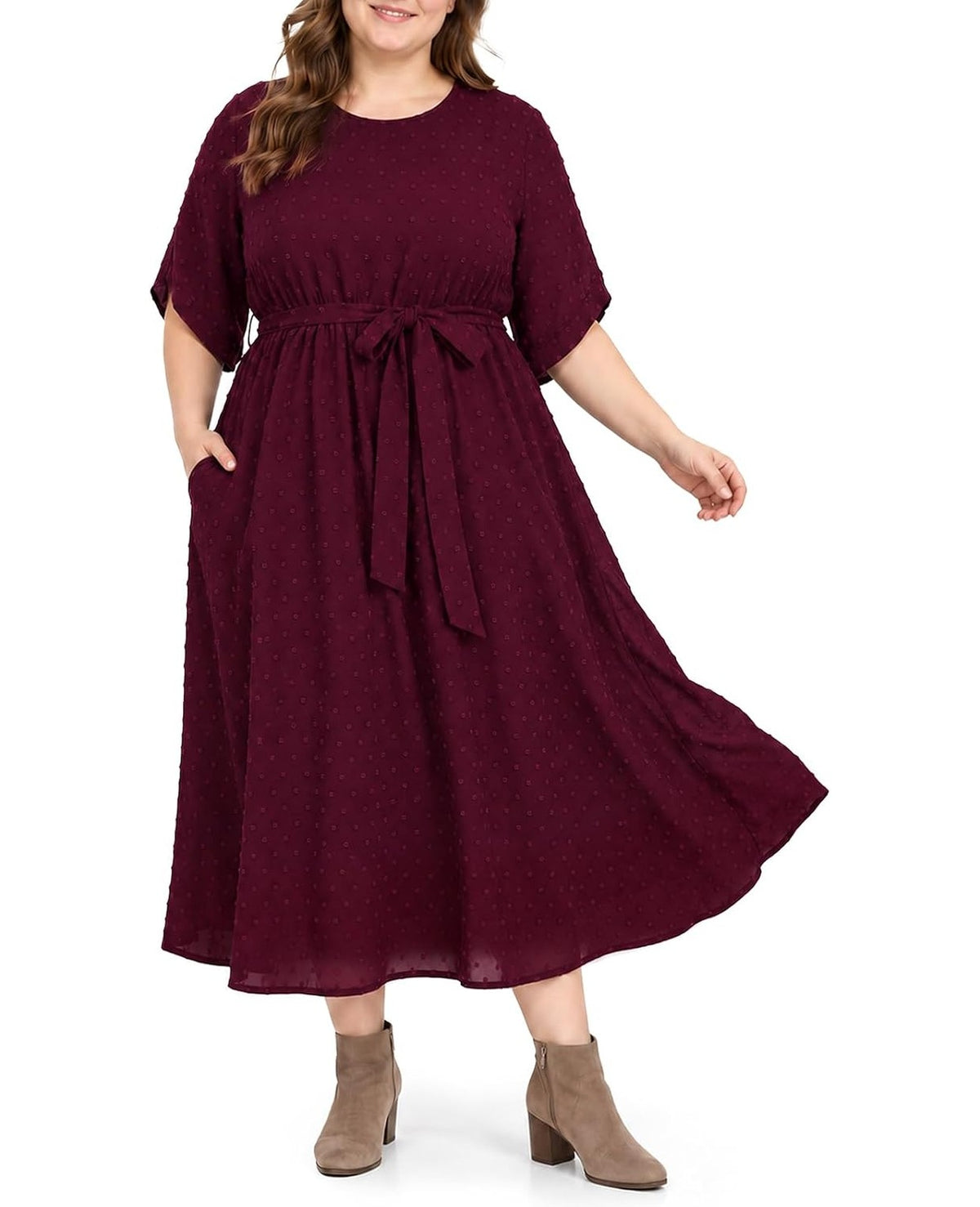 Moon Wood Womens Plus Size Maxi Dress Swiss Dot Fall Wedding Guest Dresses Pockets - Burgundy