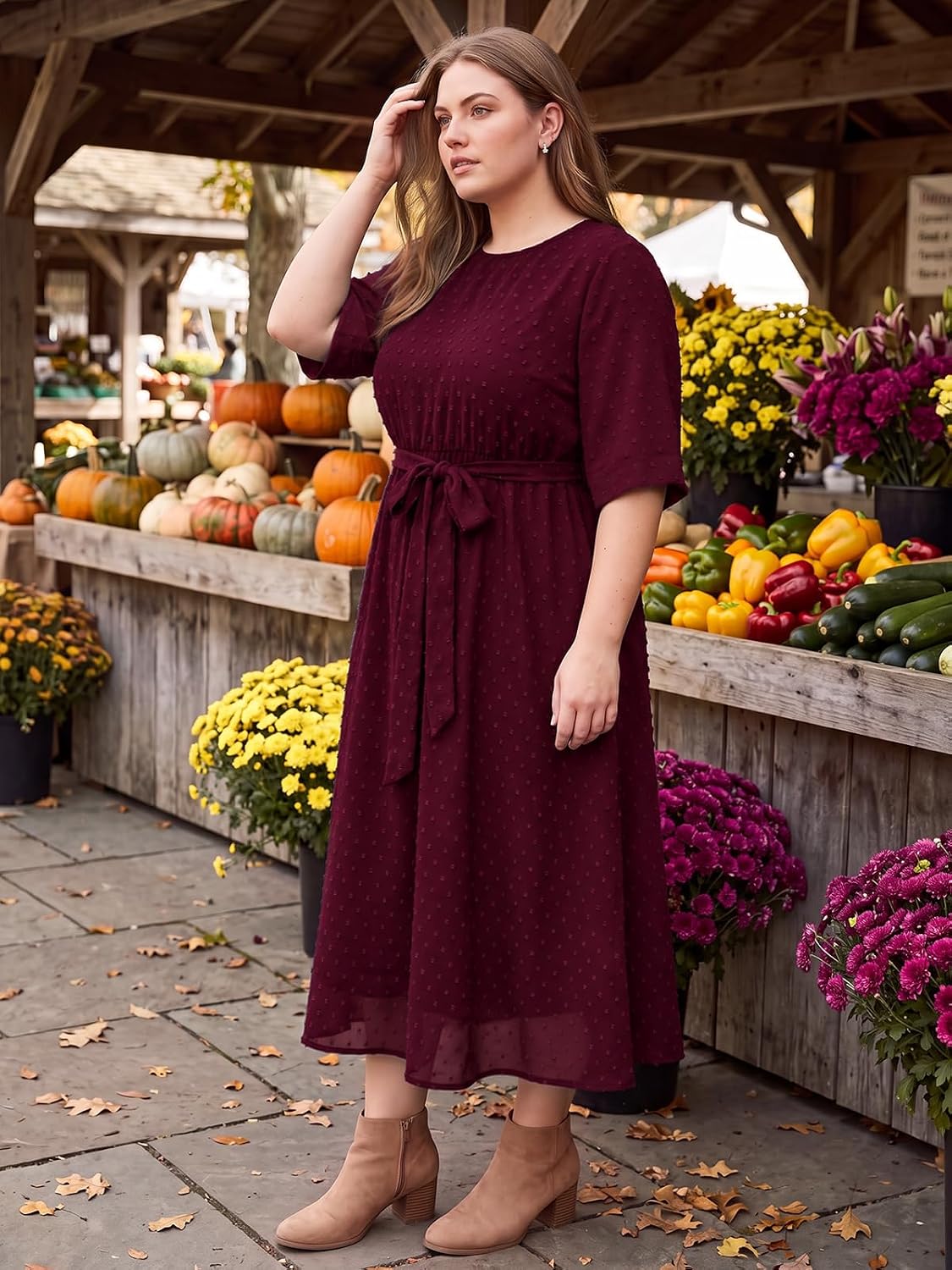 Moon Wood Womens Plus Size Maxi Dress Swiss Dot Fall Wedding Guest Dresses Pockets - Burgundy