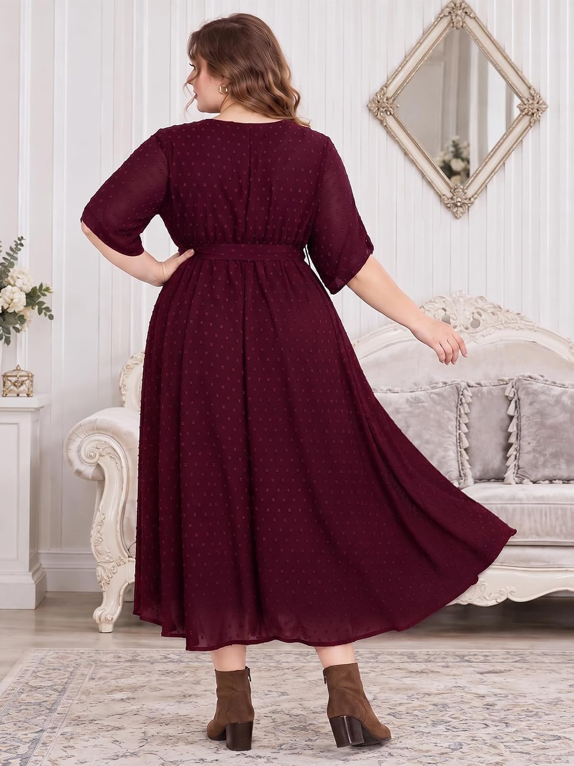 Moon Wood Womens Plus Size Maxi Dress Swiss Dot Fall Wedding Guest Dresses Pockets - Burgundy