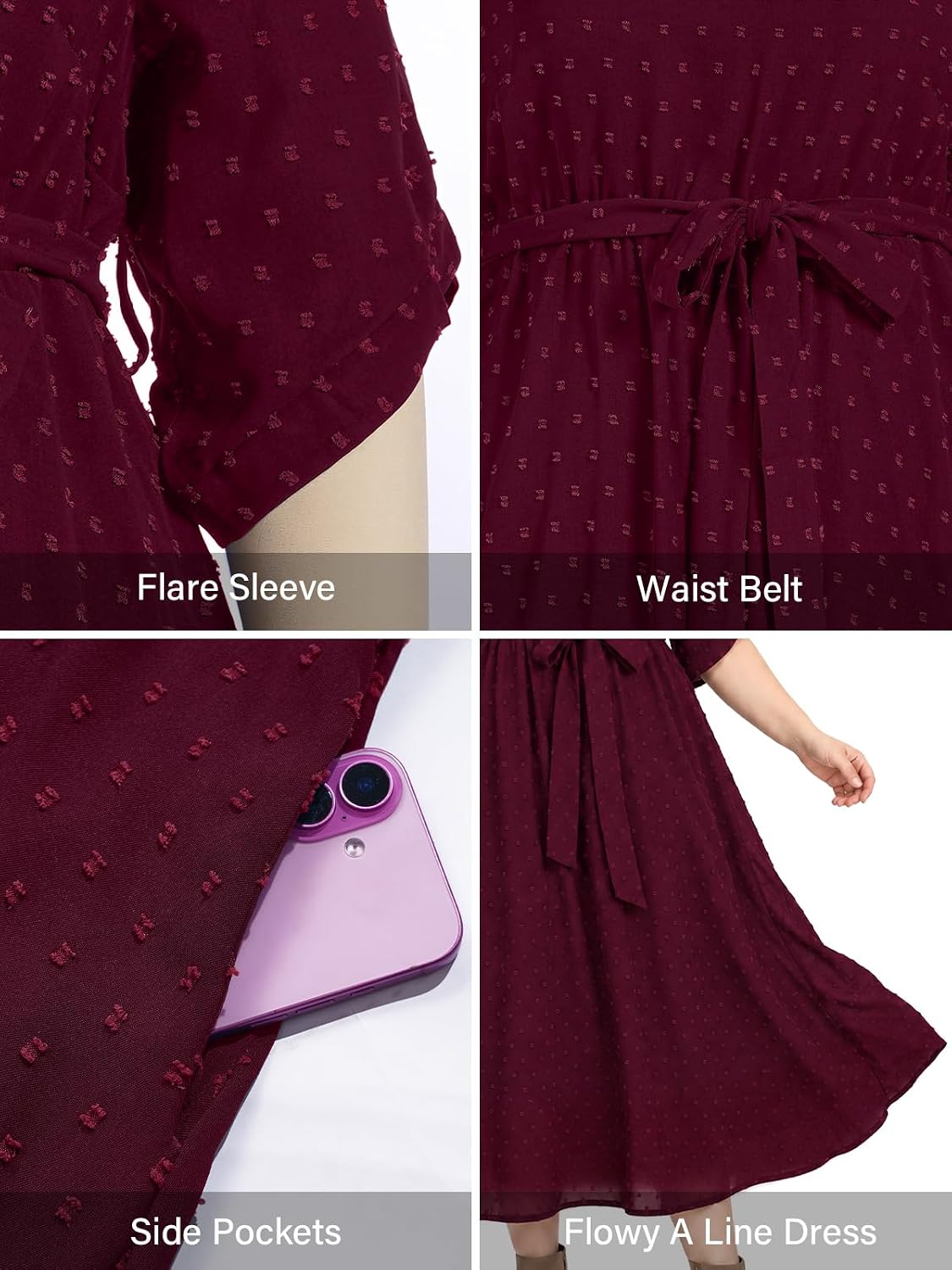 Moon Wood Womens Plus Size Maxi Dress Swiss Dot Fall Wedding Guest Dresses Pockets - Burgundy