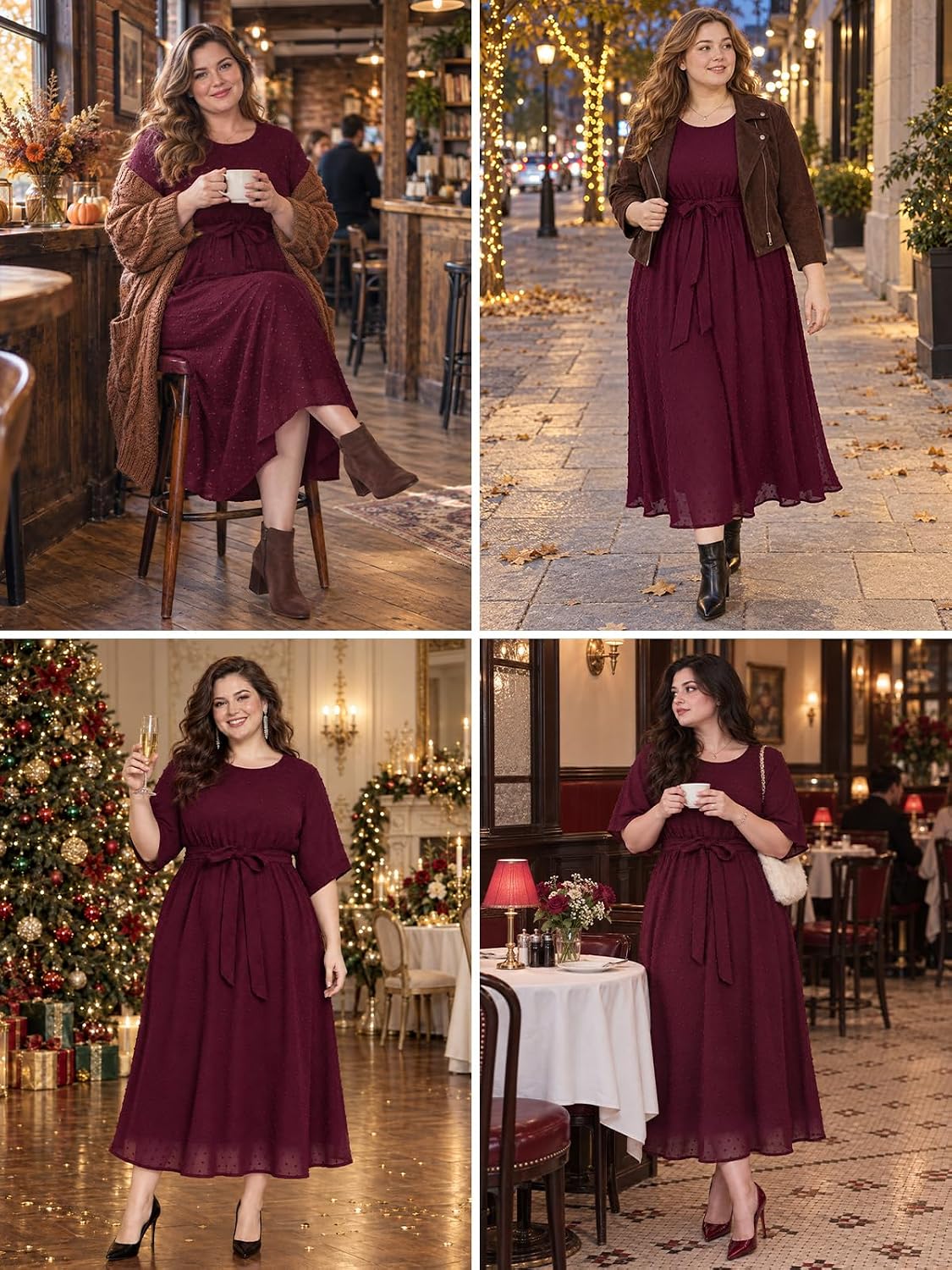 Moon Wood Womens Plus Size Maxi Dress Swiss Dot Fall Wedding Guest Dresses Pockets - Burgundy