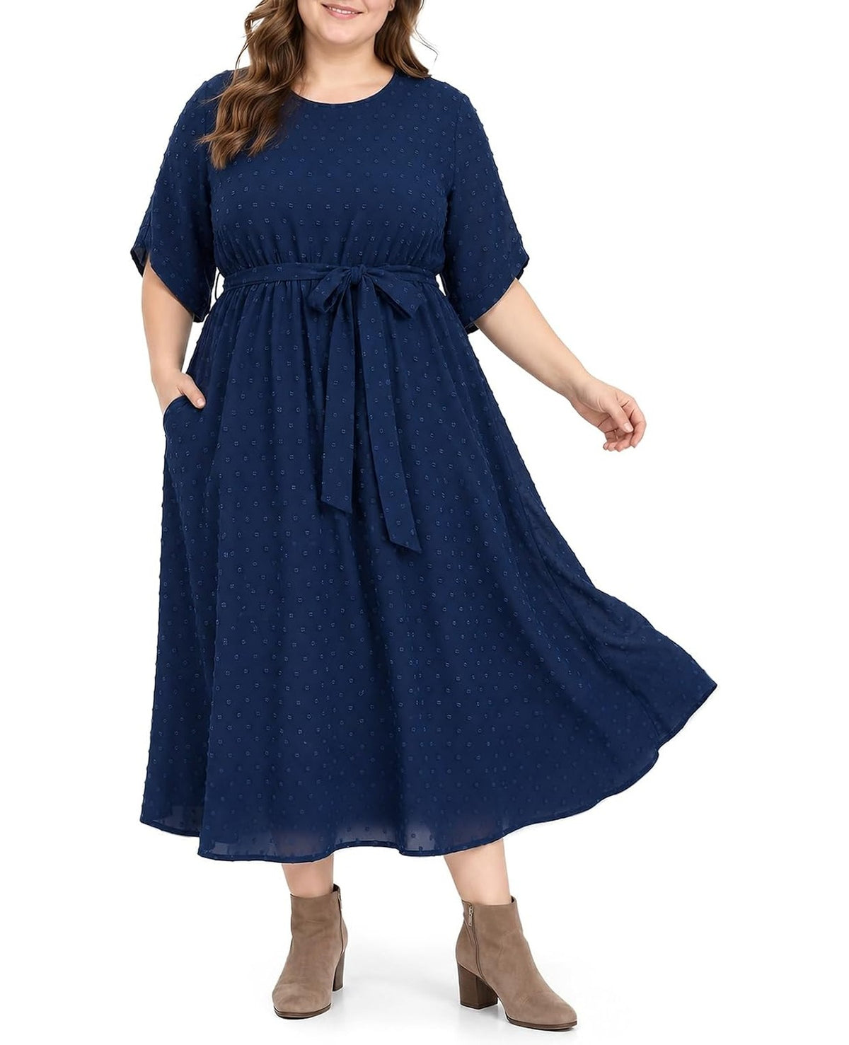 Moon Wood Womens Plus Size Maxi Dress Swiss Dot Fall Wedding Guest Dresses Pockets - Navy