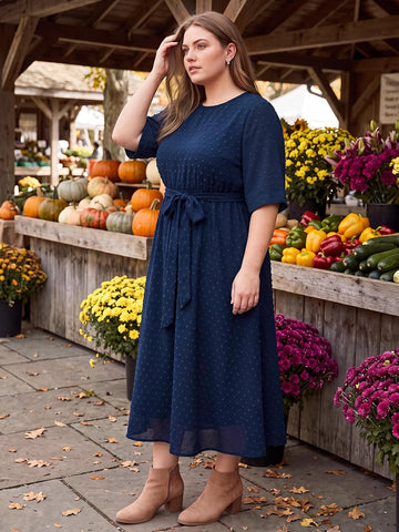 Moon Wood Womens Plus Size Maxi Dress Swiss Dot Fall Wedding Guest Dresses Pockets - Navy
