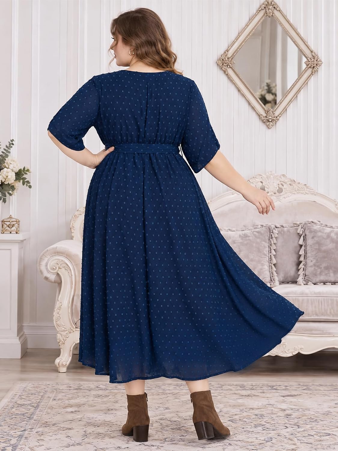 Moon Wood Womens Plus Size Maxi Dress Swiss Dot Fall Wedding Guest Dresses Pockets - Navy