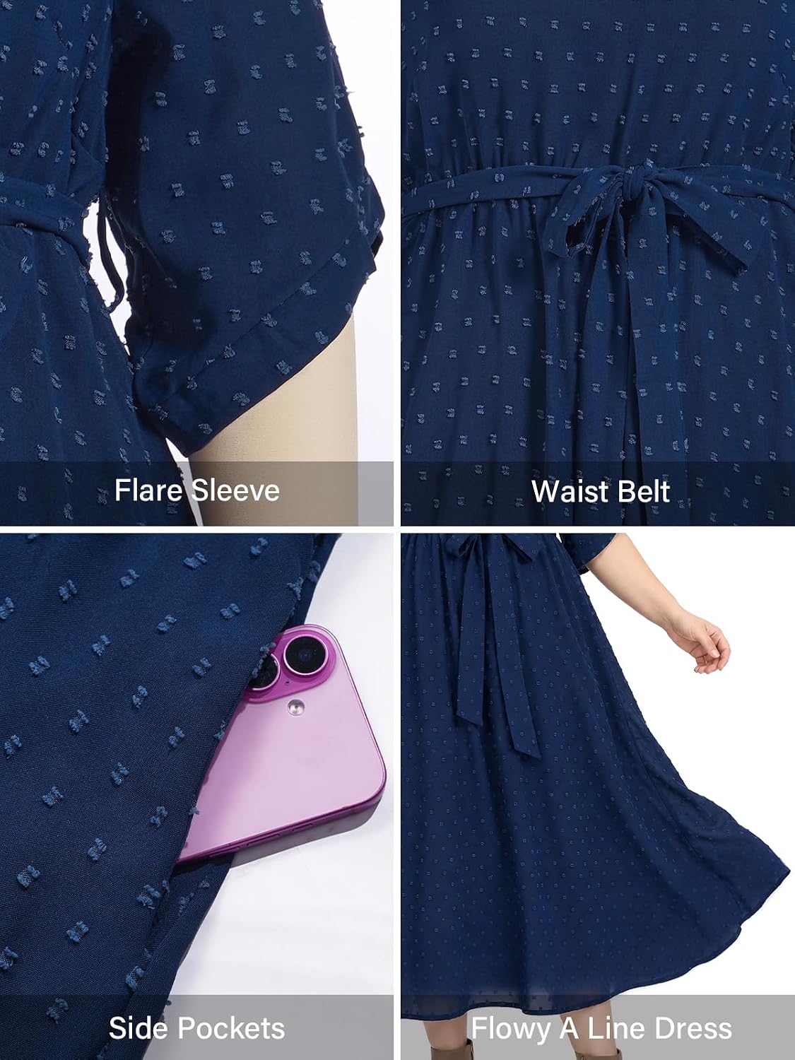 Moon Wood Womens Plus Size Maxi Dress Swiss Dot Fall Wedding Guest Dresses Pockets - Navy