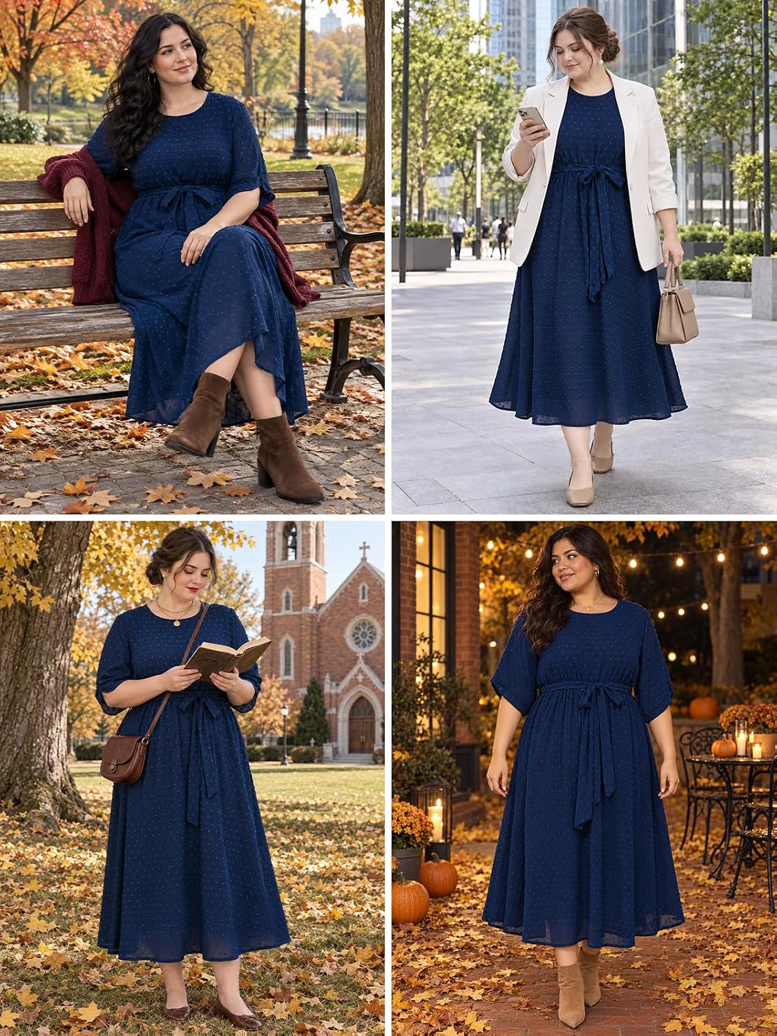Moon Wood Womens Plus Size Maxi Dress Swiss Dot Fall Wedding Guest Dresses Pockets - Navy