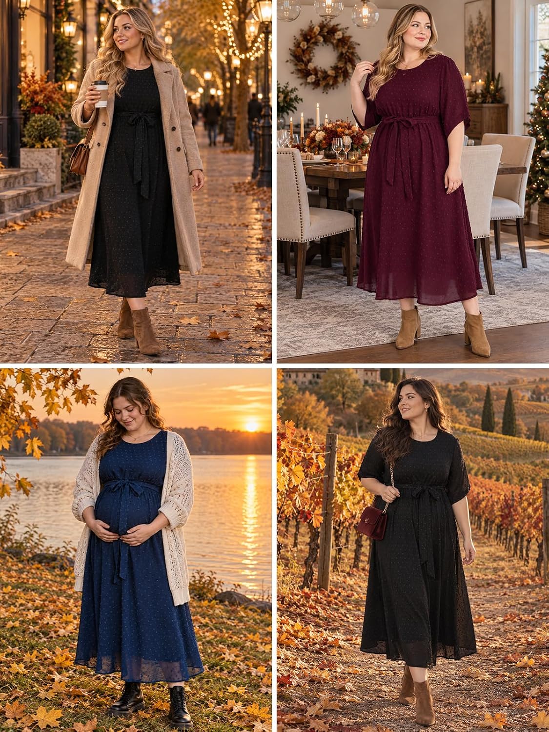 Moon Wood Womens Plus Size Maxi Dress Swiss Dot Fall Wedding Guest Dresses Pockets - Navy