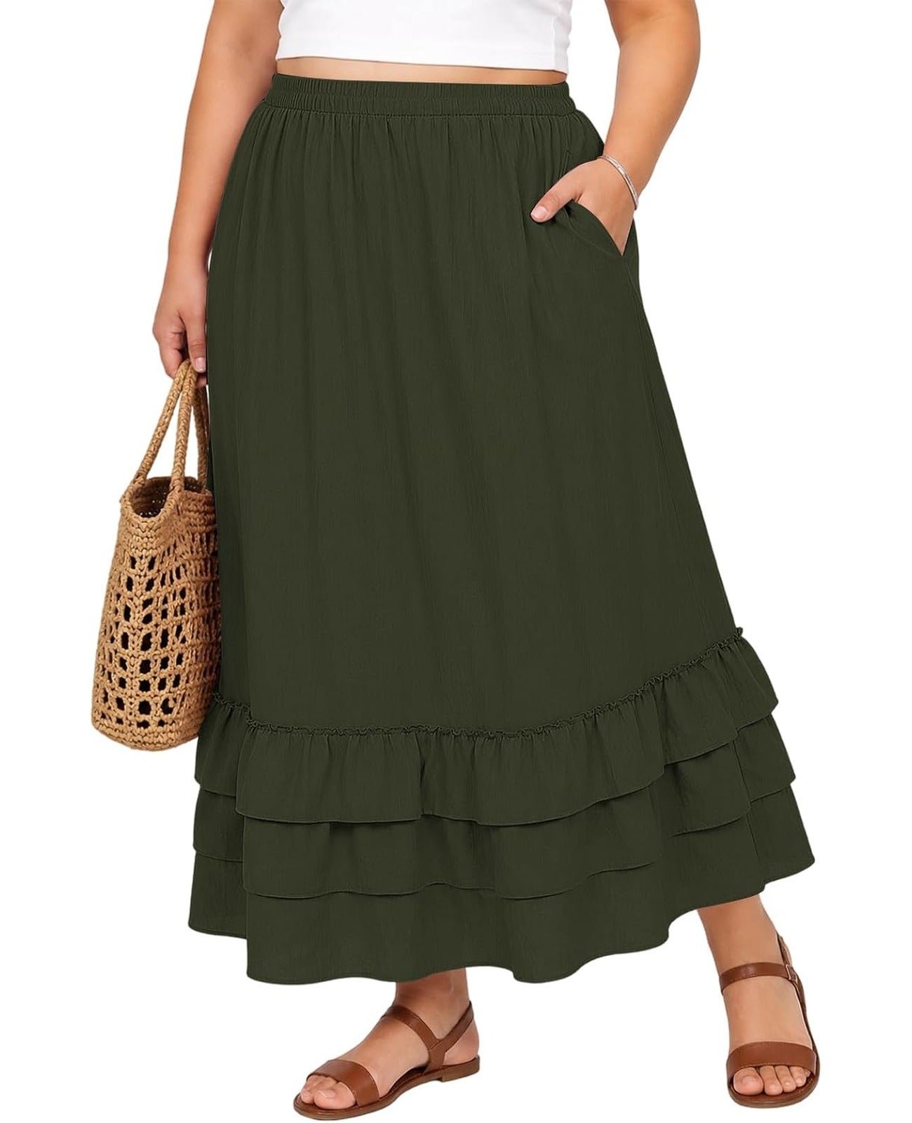Moon Wood Womens Plus Size Maxi Skirt Long Flowy Ruffle Skirts with Pockets - Army Green