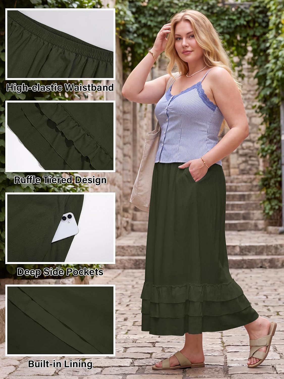 Moon Wood Womens Plus Size Maxi Skirt Long Flowy Ruffle Skirts with Pockets - Army Green