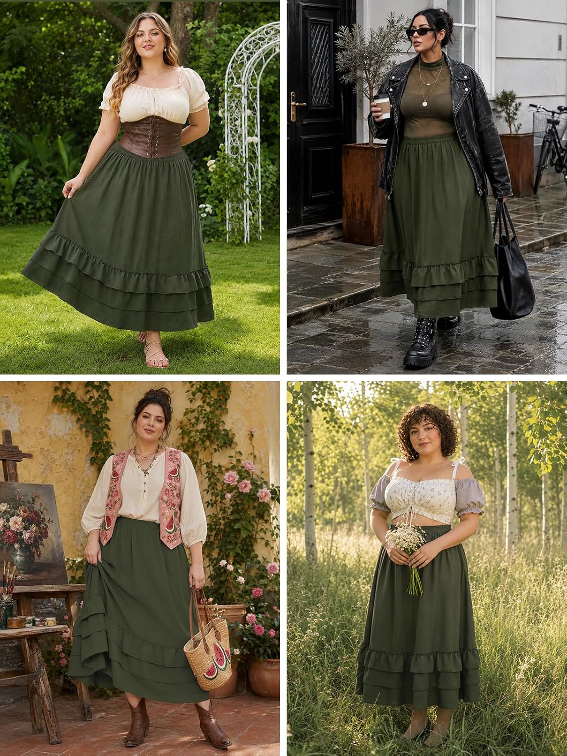 Moon Wood Womens Plus Size Maxi Skirt Long Flowy Ruffle Skirts with Pockets - Army Green