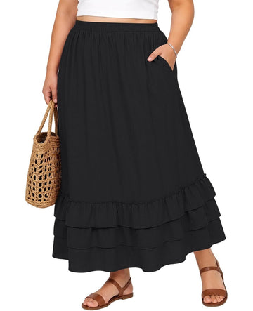 Moon Wood Womens Plus Size Maxi Skirt Long Flowy Ruffle Skirts with Pockets - Black