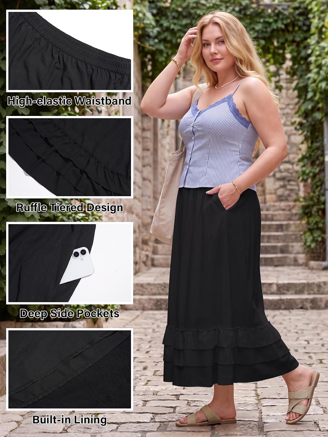 Moon Wood Womens Plus Size Maxi Skirt Long Flowy Ruffle Skirts with Pockets - Black