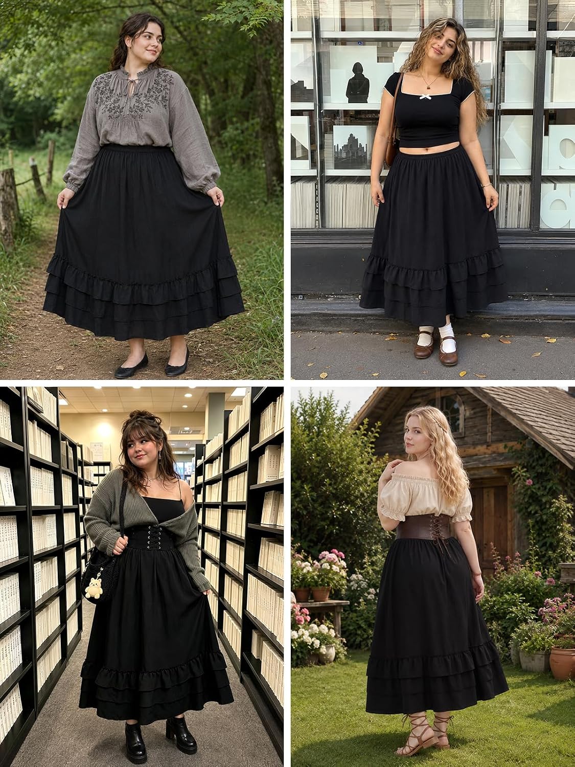 Moon Wood Womens Plus Size Maxi Skirt Long Flowy Ruffle Skirts with Pockets - Black