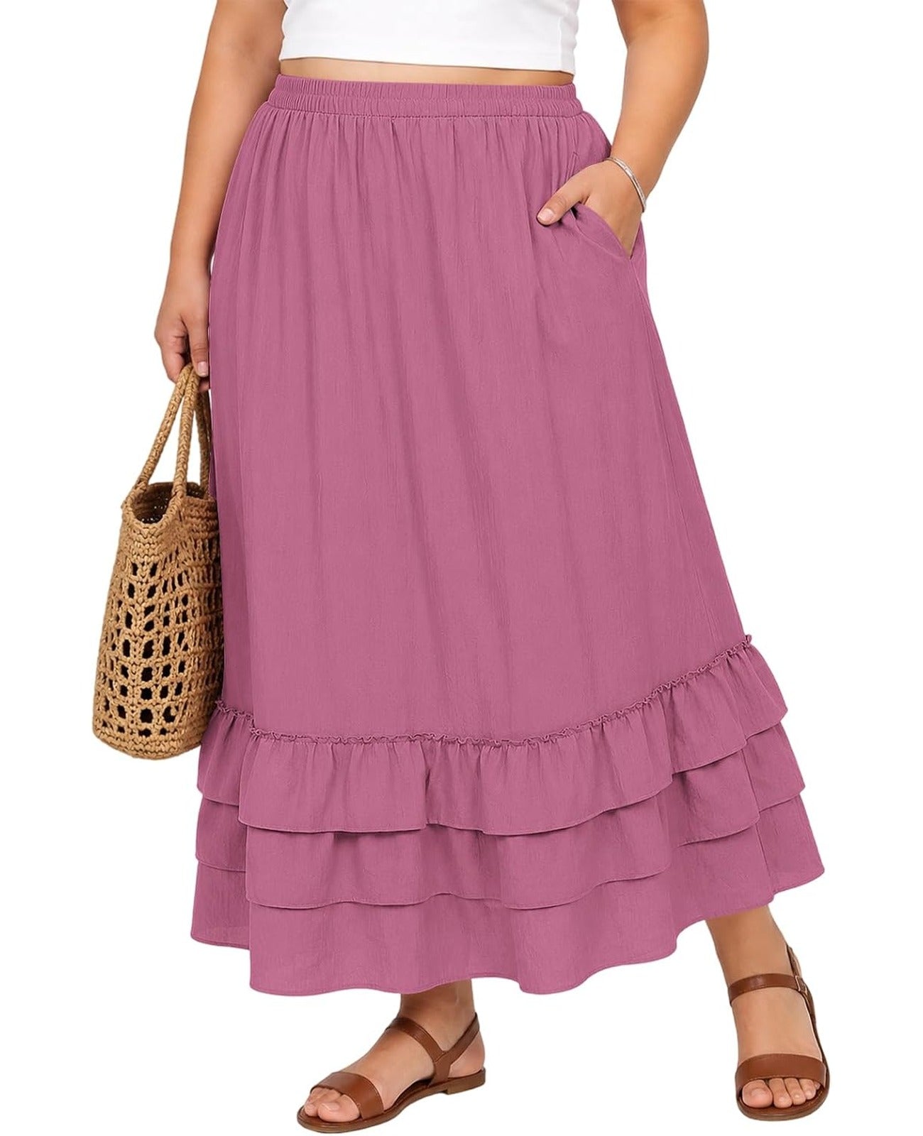 Moon Wood Womens Plus Size Maxi Skirt Long Flowy Ruffle Skirts with Pockets - Pink