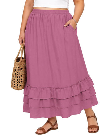 Moon Wood Womens Plus Size Maxi Skirt Long Flowy Ruffle Skirts with Pockets - Pink