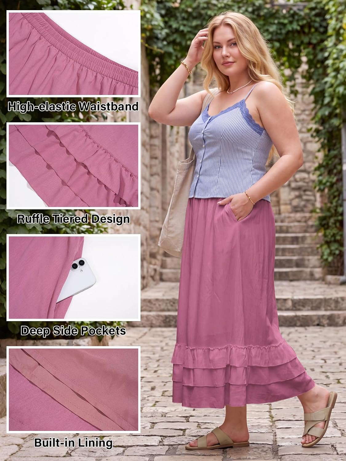 Moon Wood Womens Plus Size Maxi Skirt Long Flowy Ruffle Skirts with Pockets - Pink