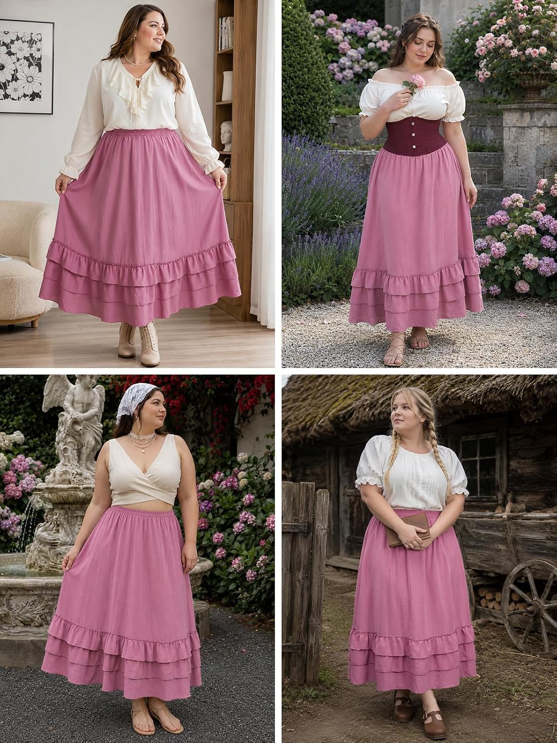 Moon Wood Womens Plus Size Maxi Skirt Long Flowy Ruffle Skirts with Pockets - Pink