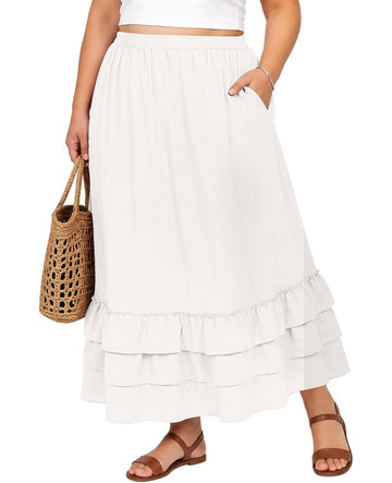 Moon Wood Womens Plus Size Maxi Skirt Long Flowy Ruffle Skirts with Pockets - White