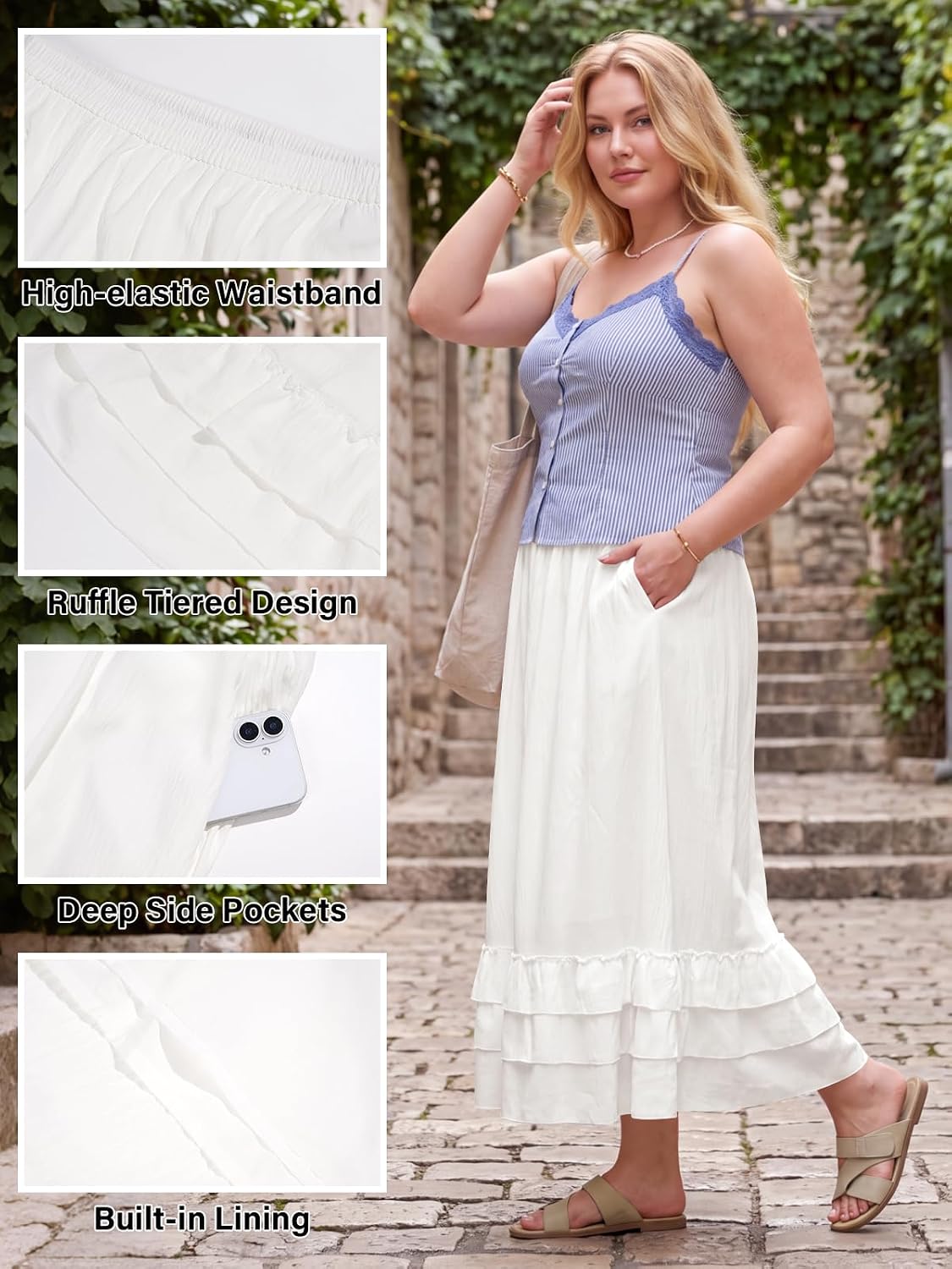 Moon Wood Womens Plus Size Maxi Skirt Long Flowy Ruffle Skirts with Pockets - White
