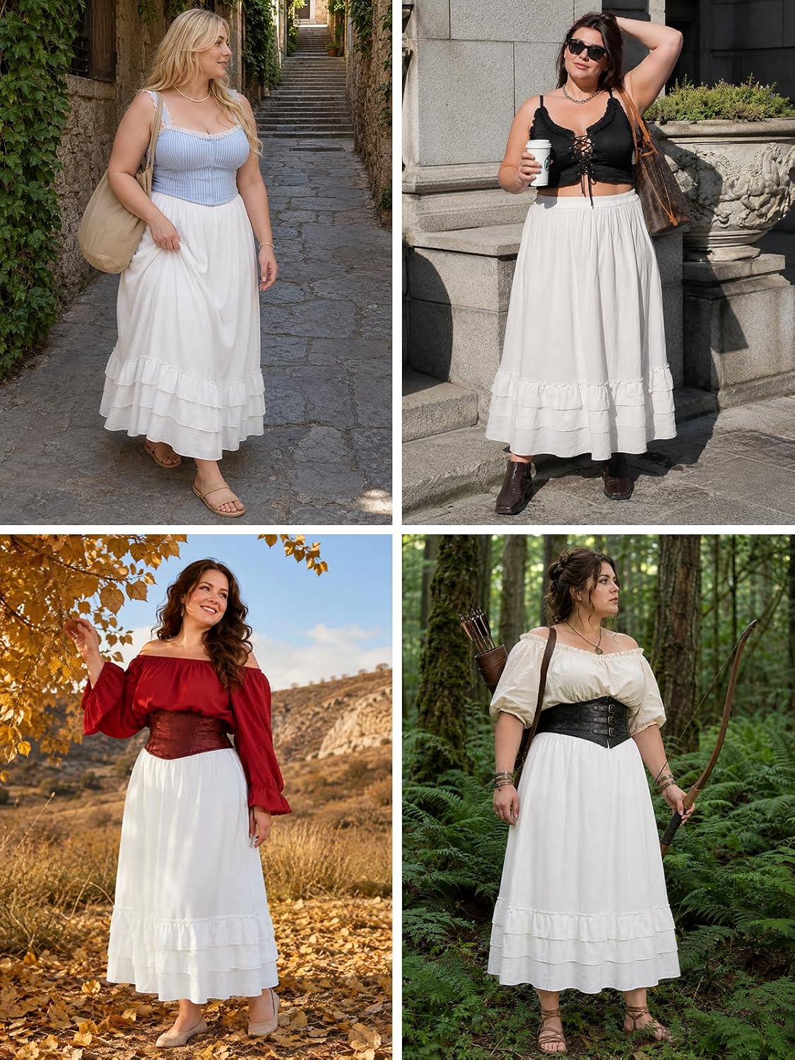 Moon Wood Womens Plus Size Maxi Skirt Long Flowy Ruffle Skirts with Pockets - White