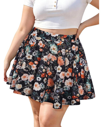 Moon Wood Women's Plus Size Skater Skirt High Waisted Flowy Flared Mini Skirt - Floral01 - view 1