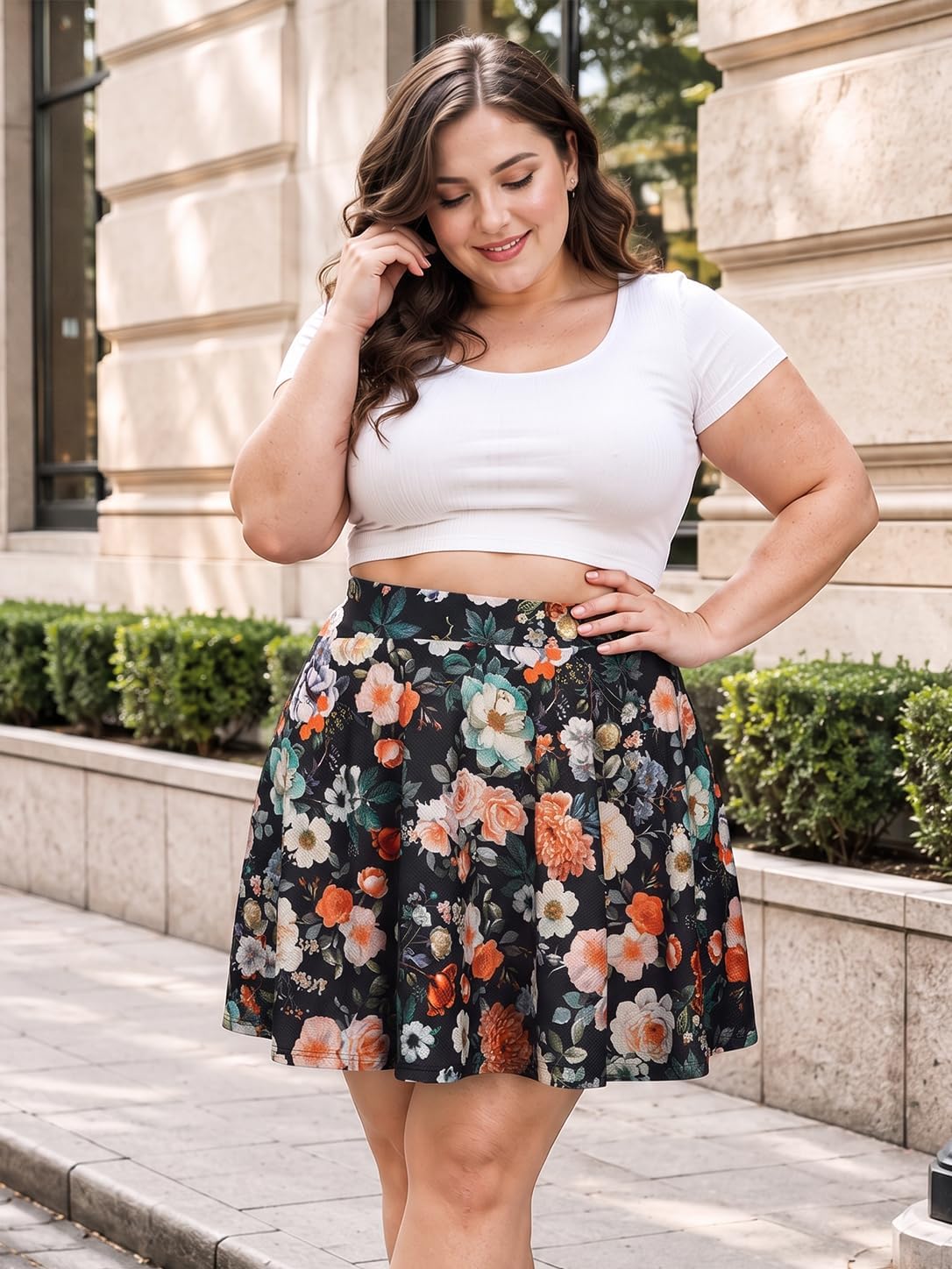 Moon Wood Women's Plus Size Skater Skirt High Waisted Flowy Flared Mini Skirt - Floral01 - view 2