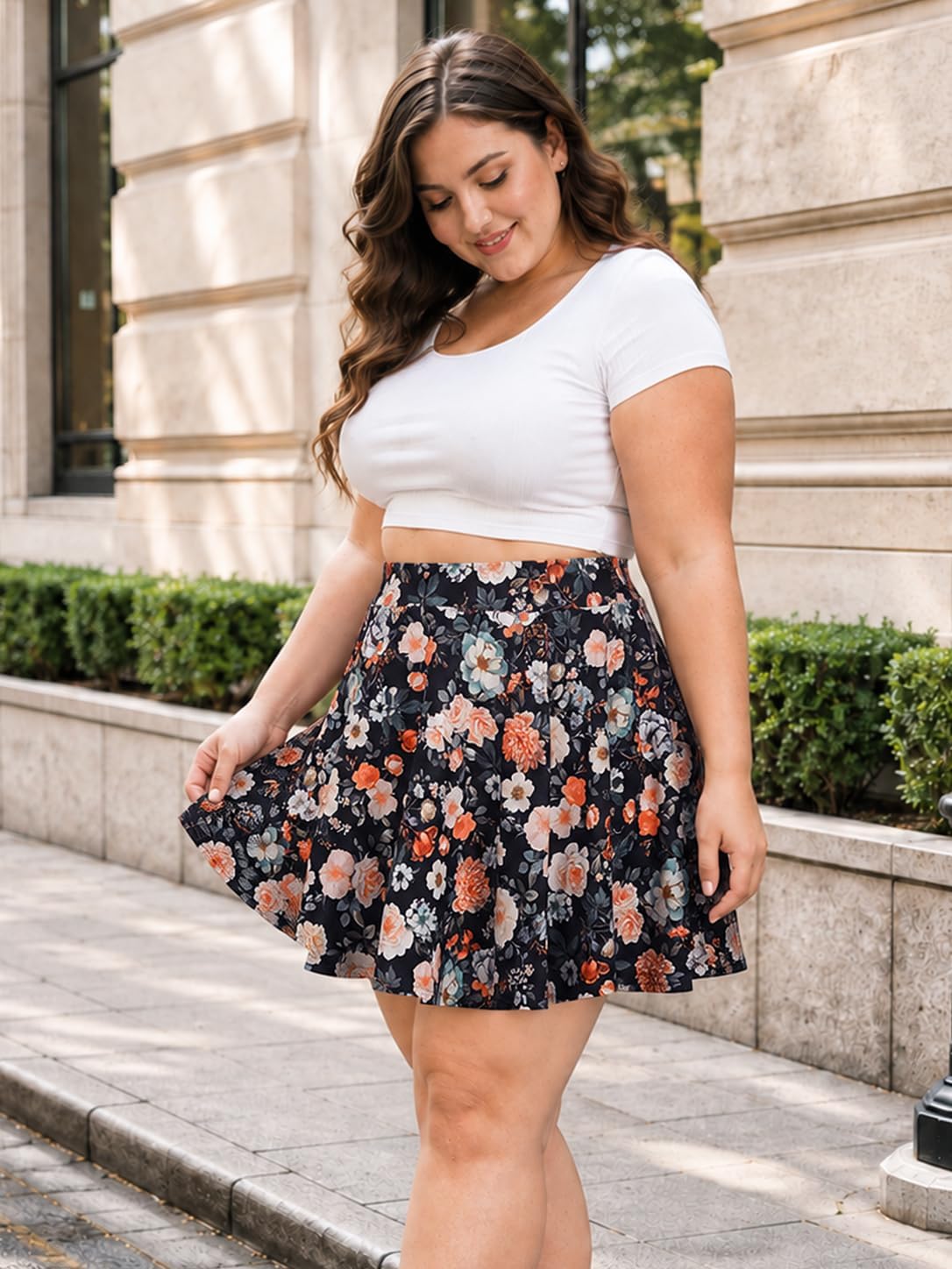 Moon Wood Women's Plus Size Skater Skirt High Waisted Flowy Flared Mini Skirt - Floral01 - view 3