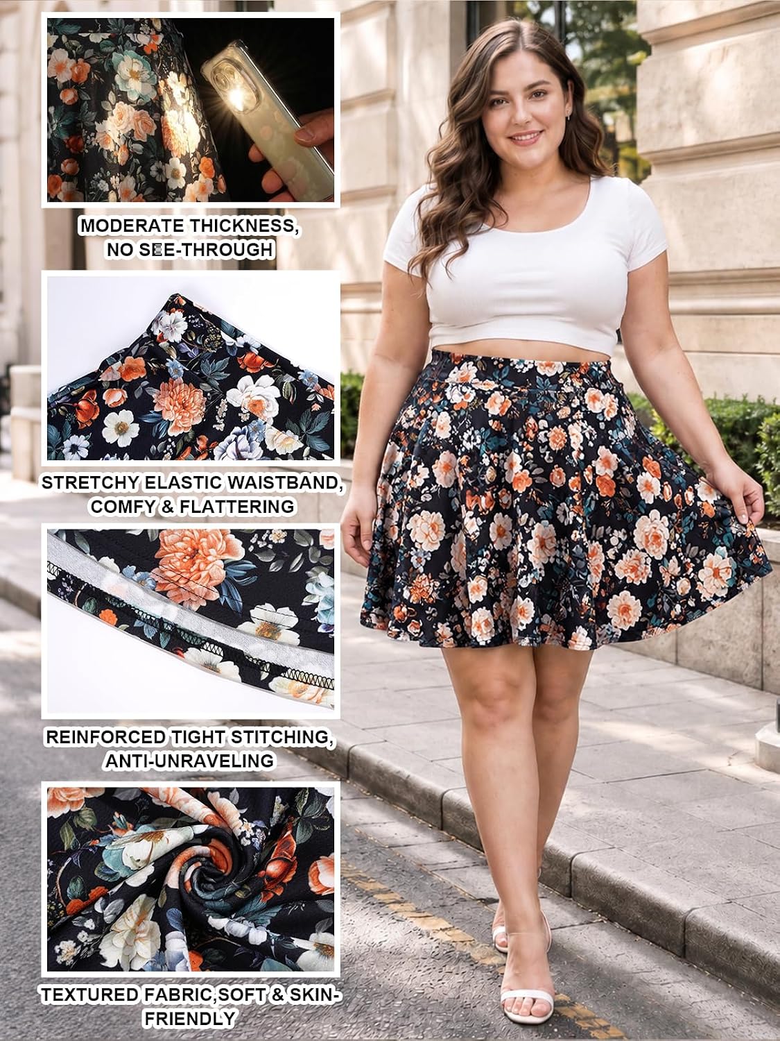 Moon Wood Women's Plus Size Skater Skirt High Waisted Flowy Flared Mini Skirt - Floral01 - view 5