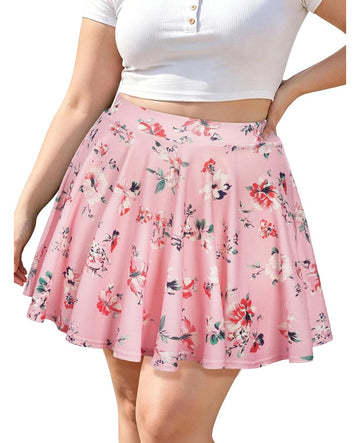 Moon Wood Women's Plus Size Skater Skirt High Waisted Flowy Flared Mini Skirt - Floral03 - view 1